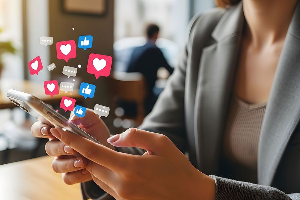 Person engaging with social media on smartphone, receiving likes and comments in a cafe setting.