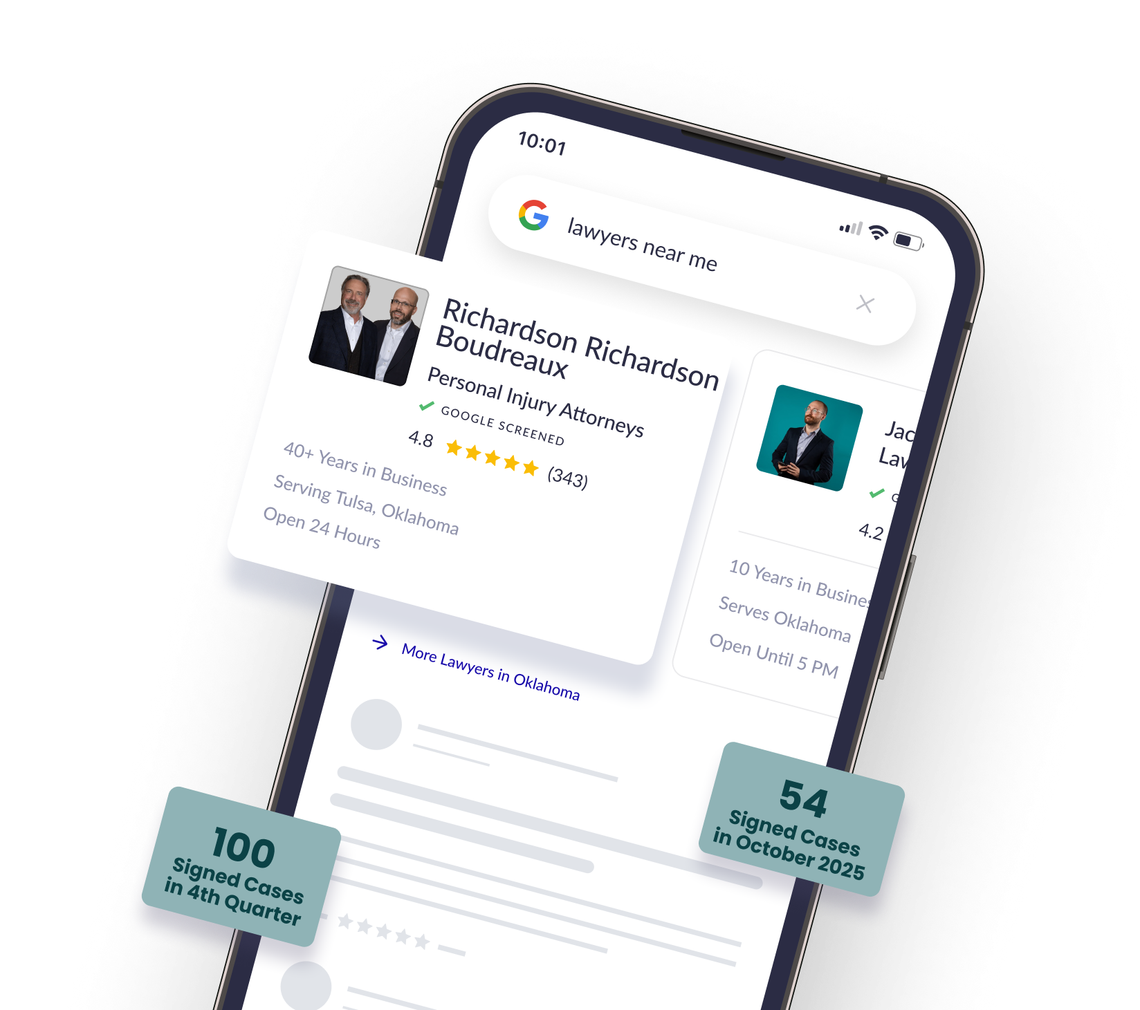 Smartphone screen showing search results for lawyers near me with ratings and case statistics.