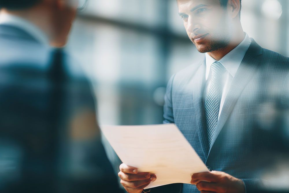 Businessman reviewing a document in an office setting, dressed in a formal suit for a professional meeting.
