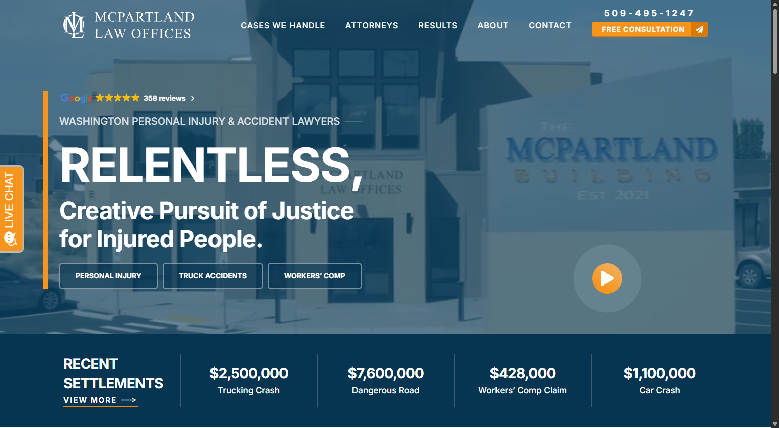 McPartland Law Offices homepage for personal injury, truck accidents, and workers' comp legal services.