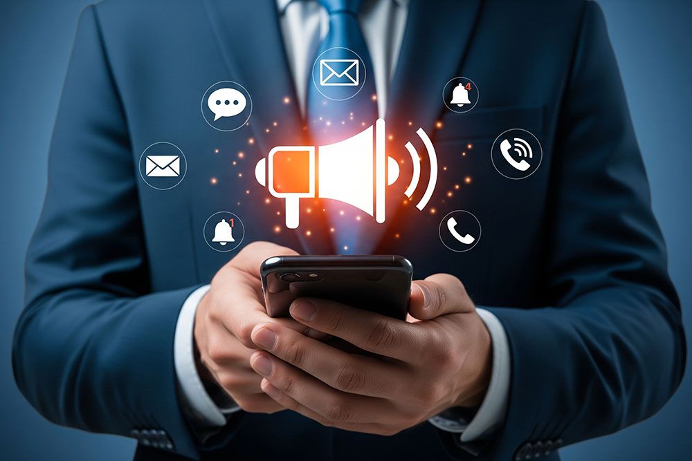 Businessman using smartphone for digital marketing with icons of communication, email, and notifications floating above.