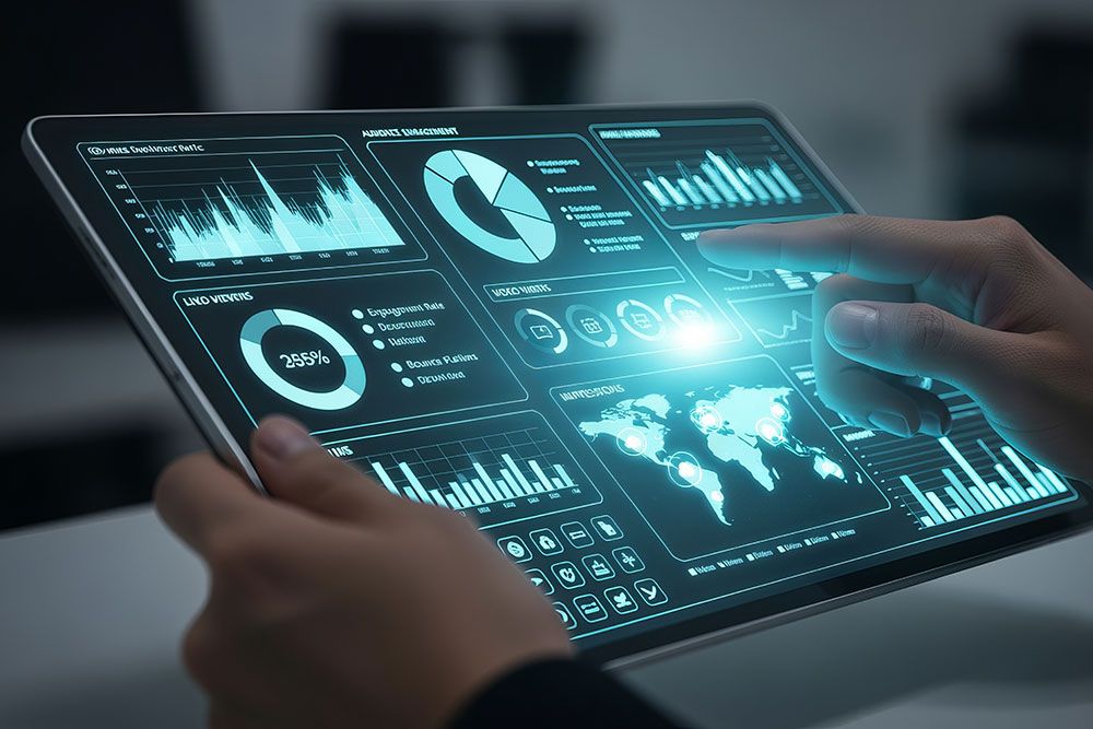 Person analyzing data on a futuristic touchscreen tablet with charts and graphs.