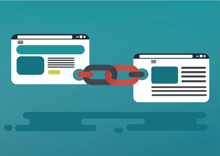 Illustration of two browser windows connected by a chain, symbolizing link building and website connections.