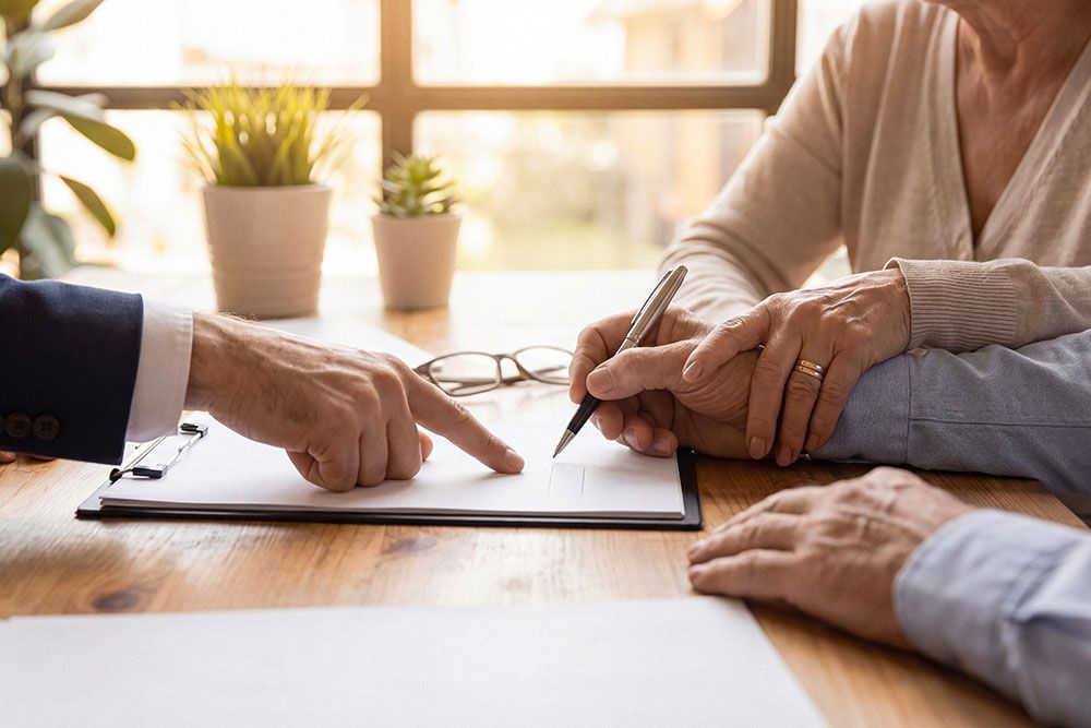 Close-up of hands signing a document on a clipboard with a pen, indoors, with potted plants in the background.
