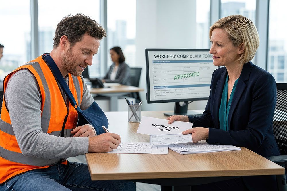 Injured worker receiving compensation check at office desk, signing approval documents with a satisfied representative.
