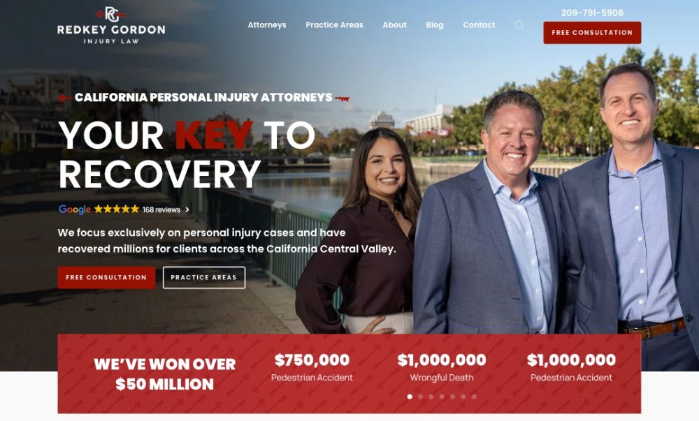 Redkey Gordon Injury Law homepage featuring team of California personal injury attorneys offering free consultations.