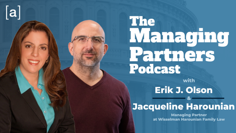 The Managing Partners Podcast cover featuring two hosts, promoting legal discussions and insights.