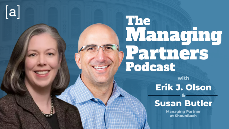 Podcast cover for The Managing Partners featuring two hosts smiling, blue background with text overlays.