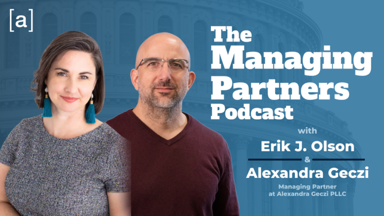 Podcast cover for The Managing Partners Podcast featuring Erik J. Olson and Alexandra Geczi.