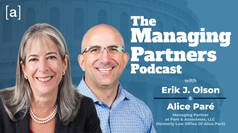 Podcast cover for The Managing Partners Podcast featuring two hosts smiling in professional attire.