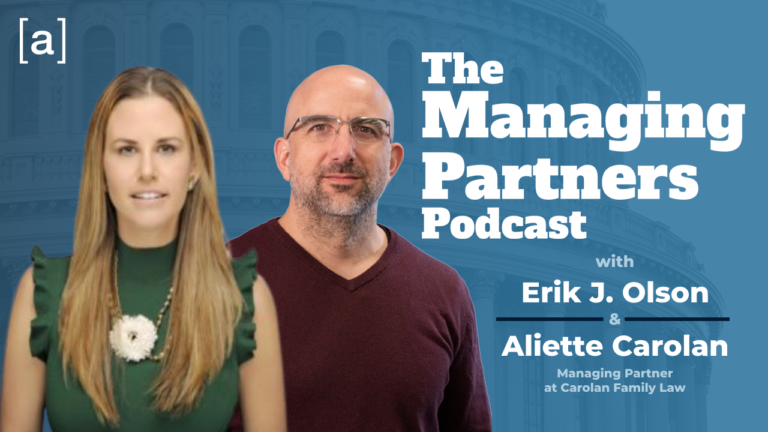 People featured on The Managing Partners Podcast cover, hosting Erik J. Olson and Aliette Carolan.