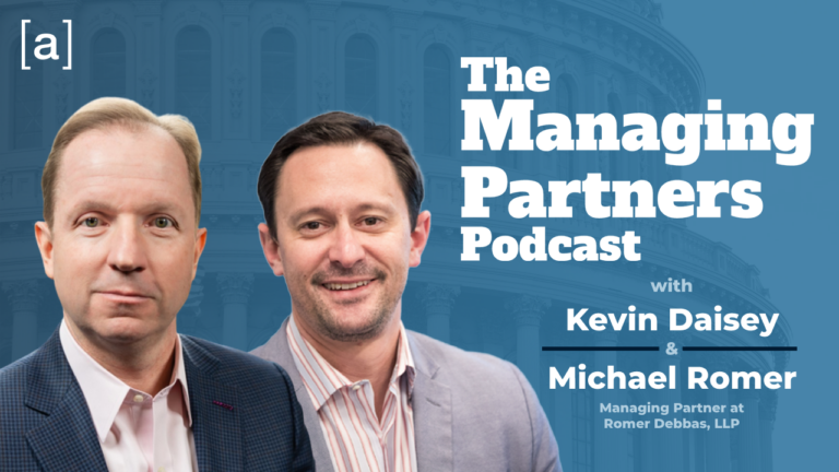 Promotional image for The Managing Partners Podcast featuring hosts with blue backdrop and text details.