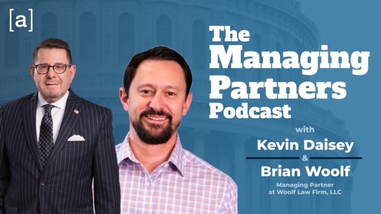 The Managing Partners Podcast with Kevin Daisey and Brian Woolf, promoting Woolf Law Firm expertise.