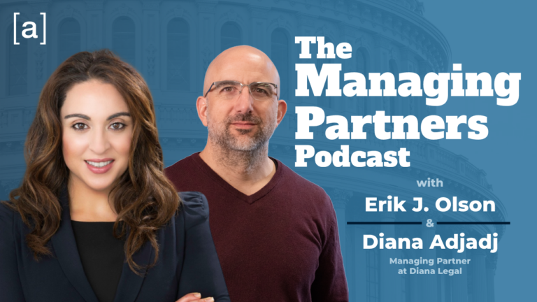 The Managing Partners Podcast cover featuring Erik J. Olson and Diana Adjadj against a blue background.