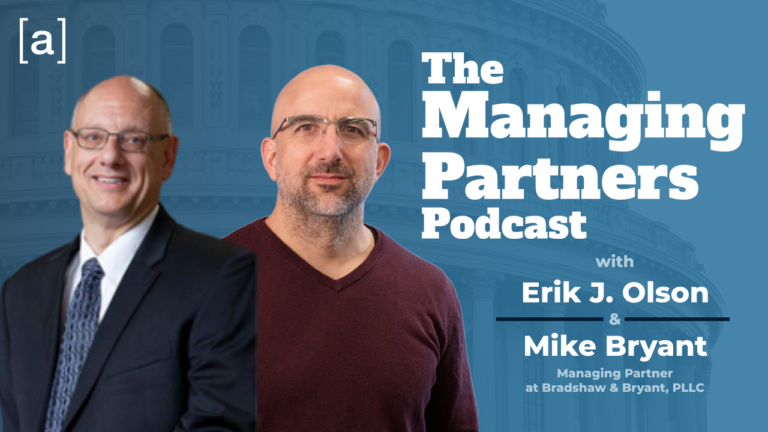Cover art for The Managing Partners Podcast featuring hosts on a blue background with a building in the background.