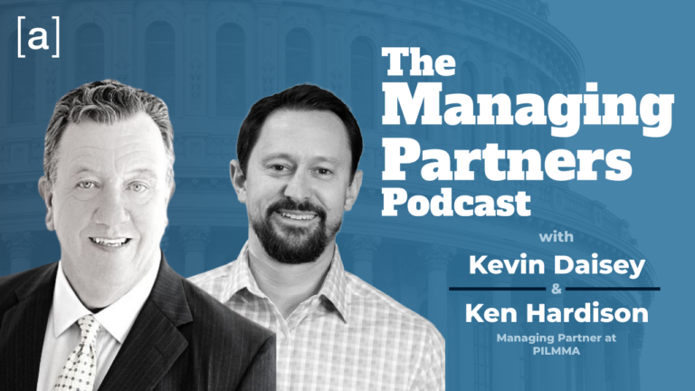 Podcast promo: The Managing Partners Podcast with hosts and guests in front of a government building backdrop.