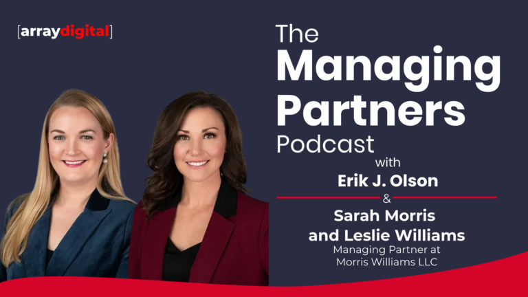 Promotional image for The Managing Partners Podcast featuring Erik J. Olson, Sarah Morris, and Leslie Williams.