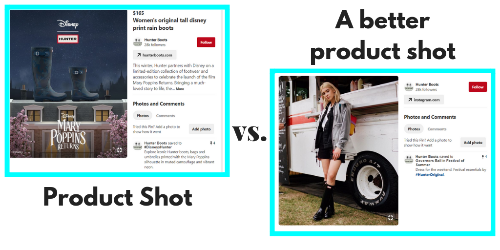 Pinterest comparison graphic showing two Hunter Boots ads: on the left a plain Disney rain boots product shot, on the right a lifestyle photo of a woman wearing the boots, labeled “A better product shot”