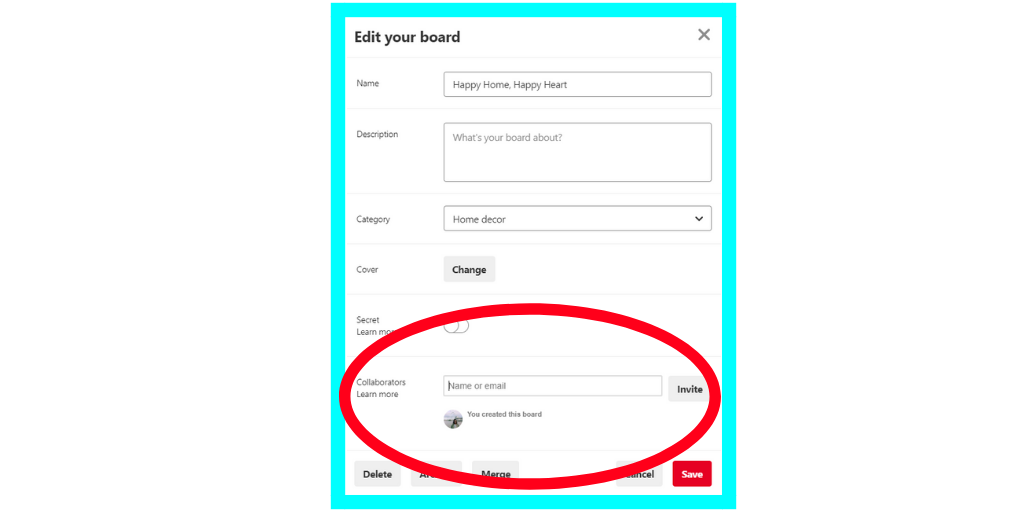 Pinterest screenshot showing the Edit your board settings with fields for name, description, category, cover, and an option to invite collaborators highlighted