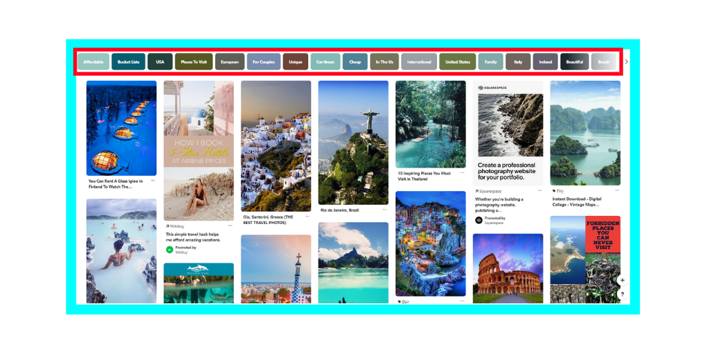 Pinterest search results page showing travel pins with categories like Affordable, Bucket List, USA, Places to Visit, European, and Caribbean highlighted at the top