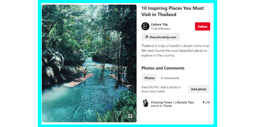 Pinterest travel pin showing a person rafting on a turquoise river surrounded by lush jungle with text about 10 inspiring places to visit in Thailand