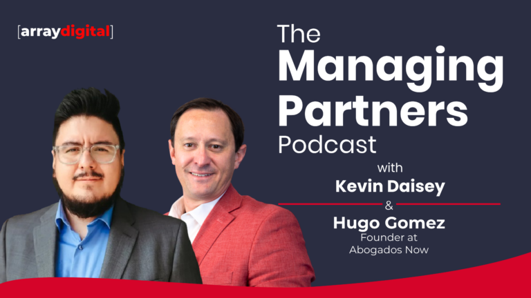 The Managing Partners Podcast cover with hosts and guest Hugo Gomez from Abogados Now, presented by Array Digital.