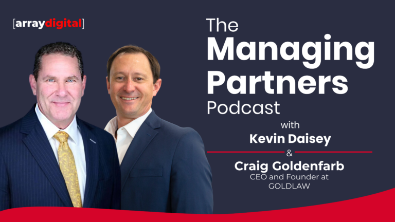 Podcast cover featuring Kevin Daisey and Craig Goldenfarb, CEO of GOLDLAW, array digital branding visible.