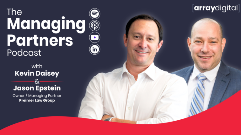 Managing Partners Podcast cover with hosts and guest speaker, promoting law and business discussions.