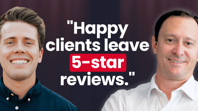 Two smiling men with quote: 'Happy clients leave 5-star reviews'