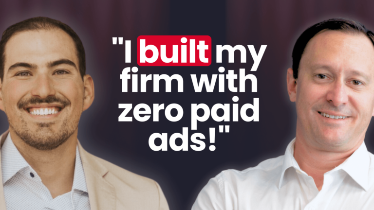 Two smiling men with text: I built my firm with zero paid ads! Bold entrepreneurship concept.