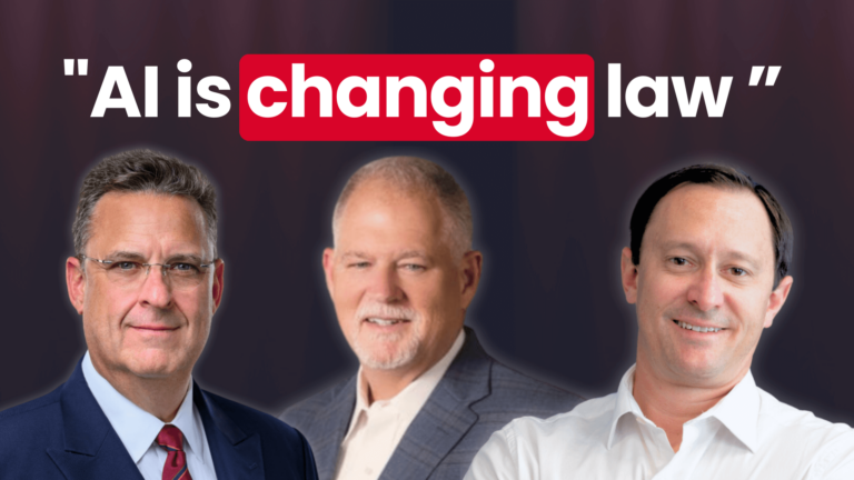 Three professionals with 'AI is changing law' text, depicting transformation in legal industry.