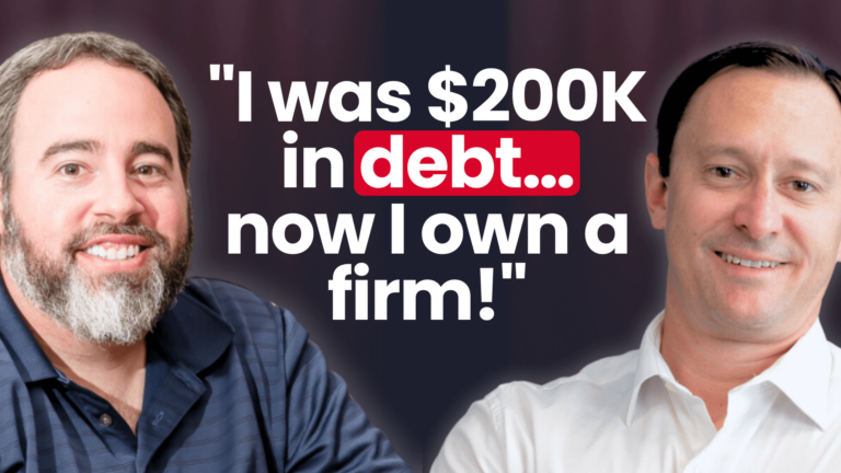 Two men smiling with a text overlay: I was $200K in debt... now I own a firm!