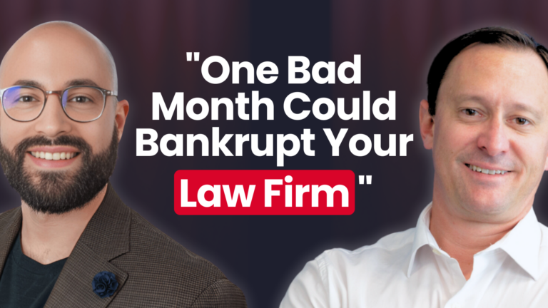 Two men smiling with a bold text warning, One Bad Month Could Bankrupt Your Law Firm, on a dark background.