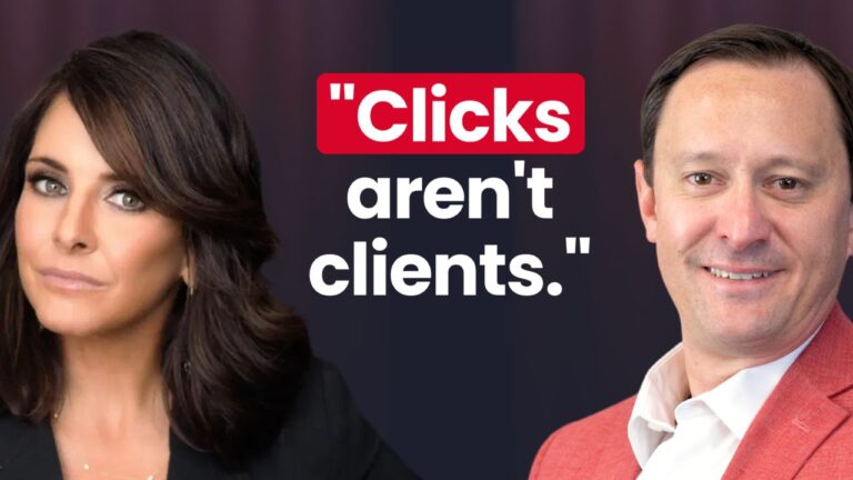 Man and woman with a quote Clicks aren't clients emphasizing digital marketing strategies beyond click metrics.