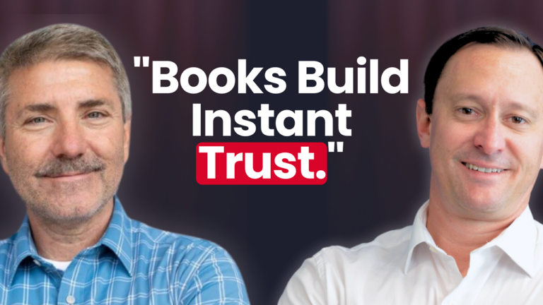 Two smiling men beside the quote Books Build Instant Trust on a dark background.