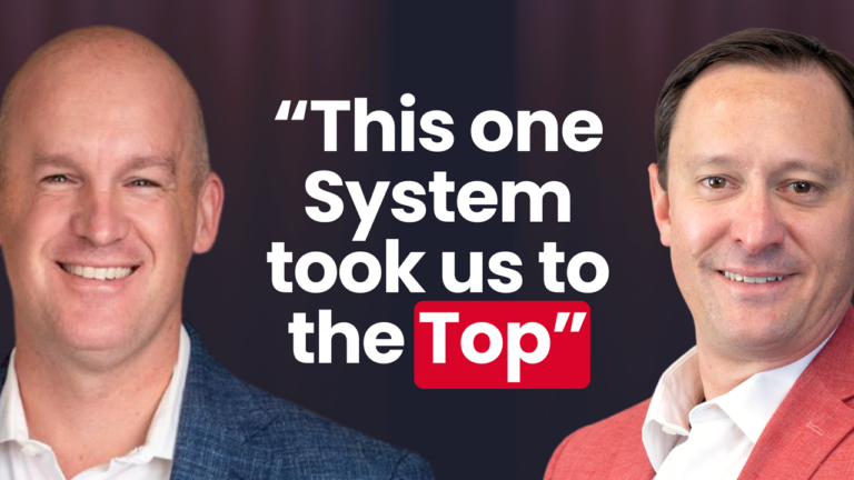 Two smiling men with text: This one system took us to the top. Dark background.