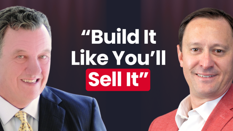 Two smiling men in suits with the text: Build It Like You'll Sell It in bold white and red font.