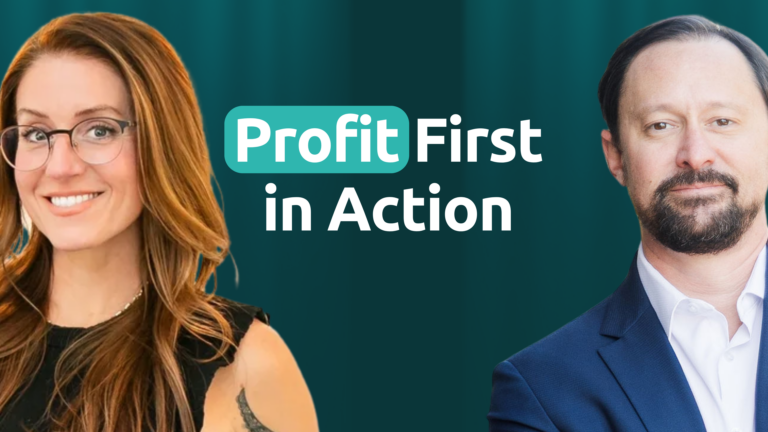 Two professionals with text Profit First in Action on teal background, emphasizing financial management.
