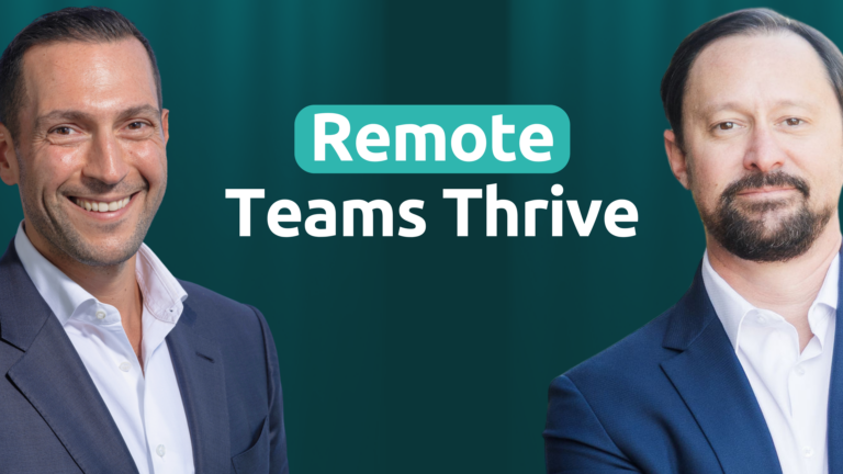 Two smiling professionals with Remote Teams Thrive text, showcasing remote work success.