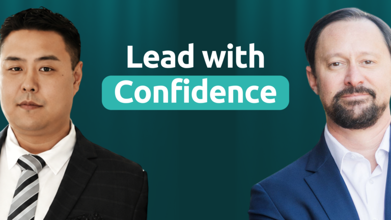 Two professional men in suits with Lead with Confidence message on teal background.