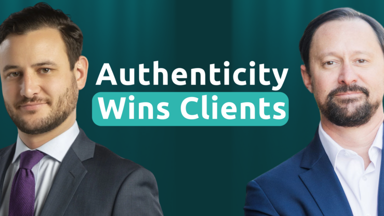 Two businessmen in suits with text: 'Authenticity Wins Clients' on a teal background.
