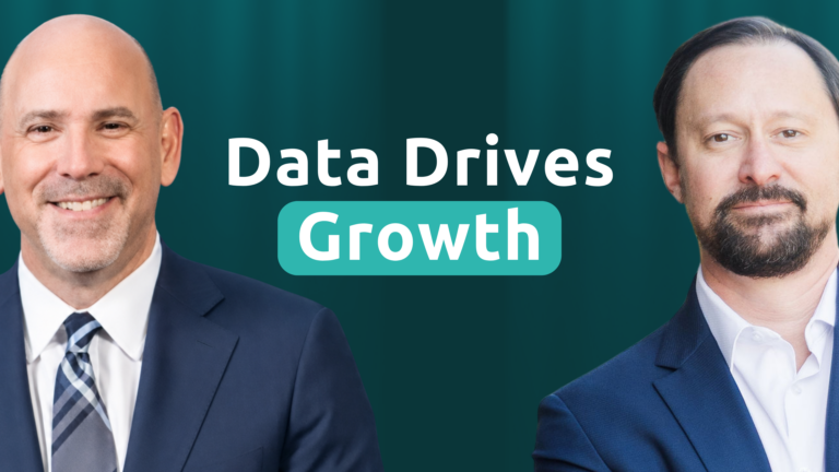 Two men in suits with text Data Drives Growth on a blue-green background.