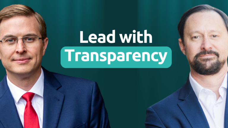 Business professionals in suits with Lead with Transparency text on a teal background.