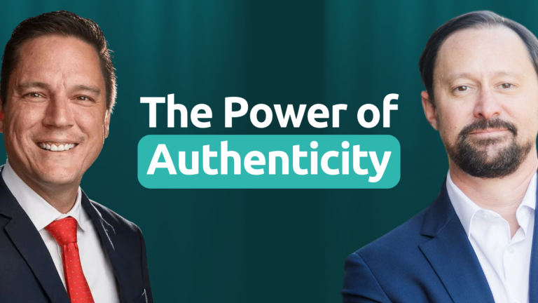 Two business professionals beside The Power of Authenticity text on a teal background.