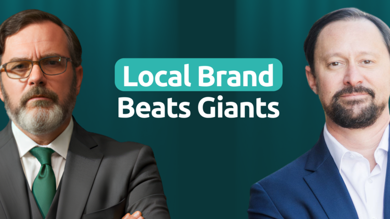 Two businessmen with text Local Brand Beats Giants on a teal background.