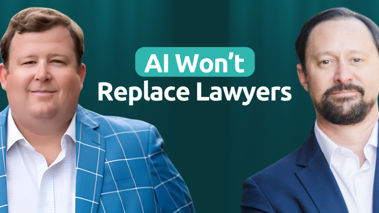 Two men in suits with text AI Won't Replace Lawyers on teal background.