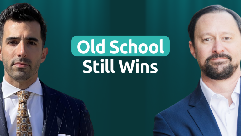Two men in suits with text Old School Still Wins on a teal background, emphasizing traditional business methods.
