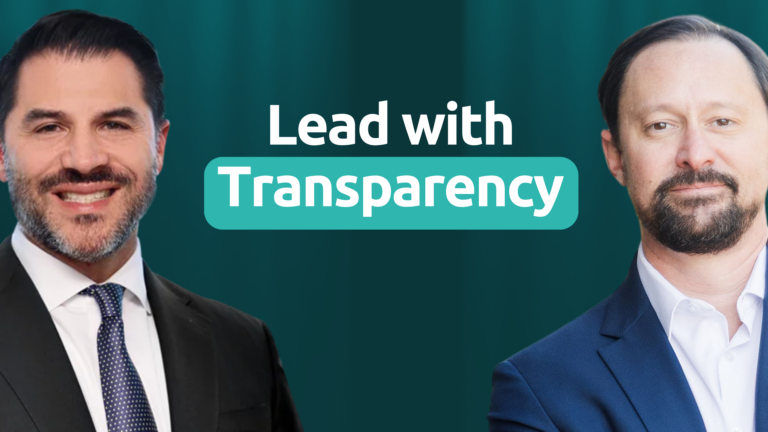 Two business professionals with 'Lead with Transparency' text on teal background.
