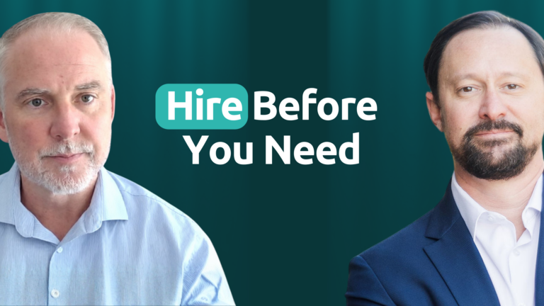Two men in business attire with Hire Before You Need text between them, teal background.