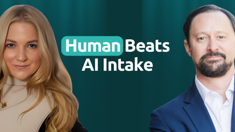 Two business professionals with 'Human Beats AI Intake' text on teal background.